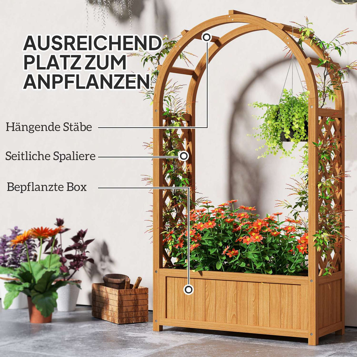 Raised bed planter with trellis, curved roof trellis planter made of wood, garden trellis 83x36x145cm for garden balcony terrace, flower pot for climbing plants, basket plants, flowers