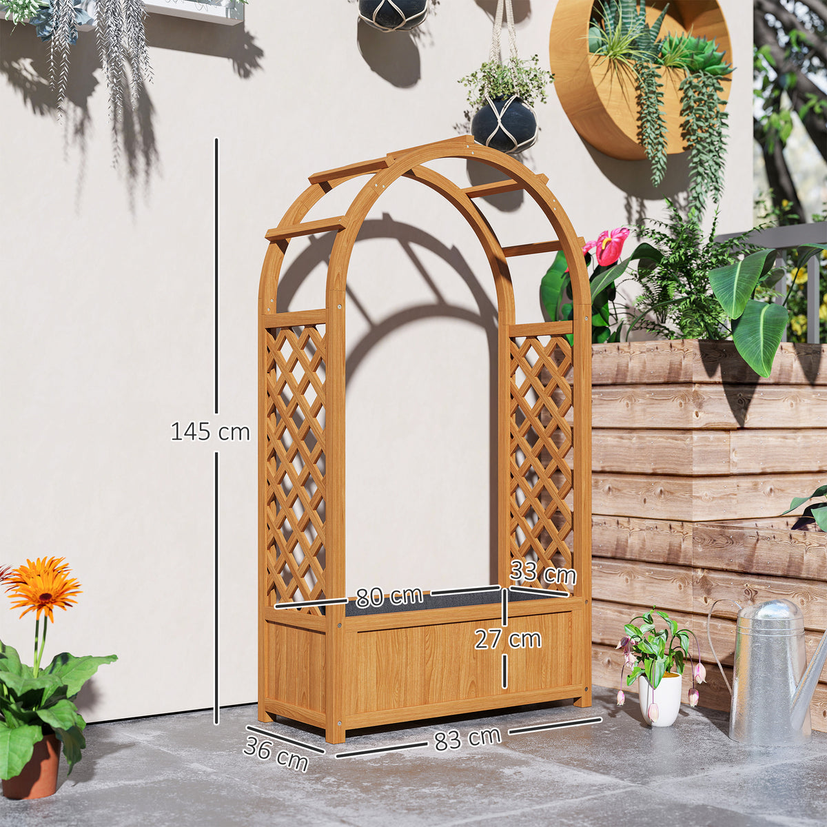 Raised bed planter with trellis, curved roof trellis planter made of wood, garden trellis 83x36x145cm for garden balcony terrace, flower pot for climbing plants, basket plants, flowers