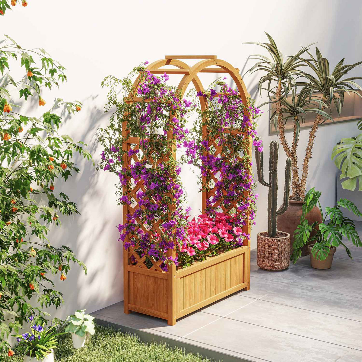 Raised bed planter with trellis, curved roof trellis planter made of wood, garden trellis 83x36x145cm for garden balcony terrace, flower pot for climbing plants, basket plants, flowers