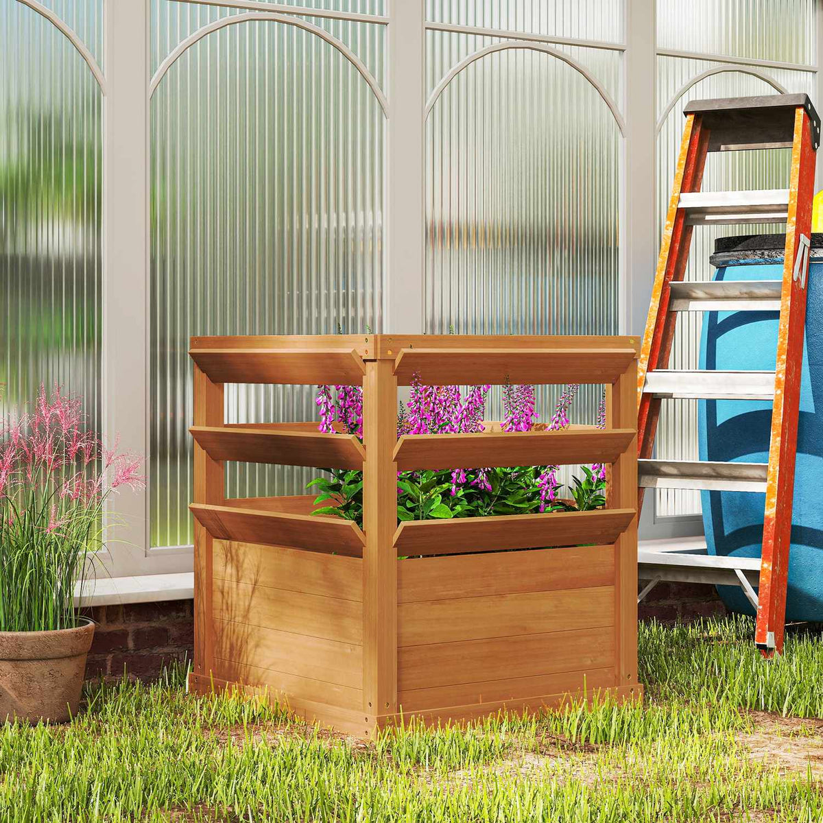 Raised bed planter with trellis, trellis planter flower box wood 65 x 65 x 60 cm caramel brown