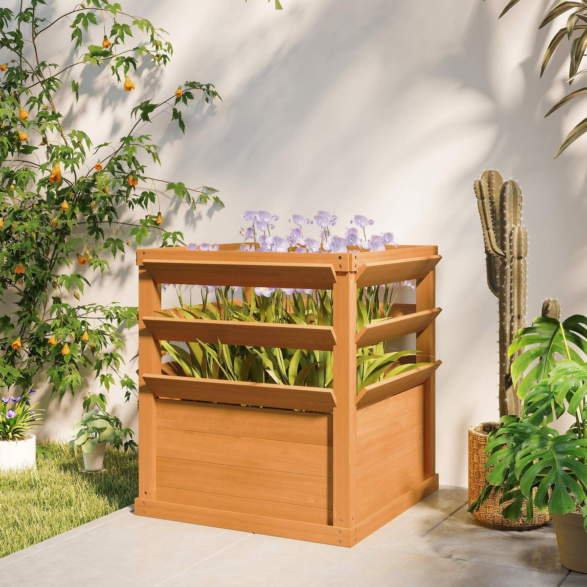 Raised bed planter with trellis, trellis planter flower box wood 65 x 65 x 60 cm caramel brown