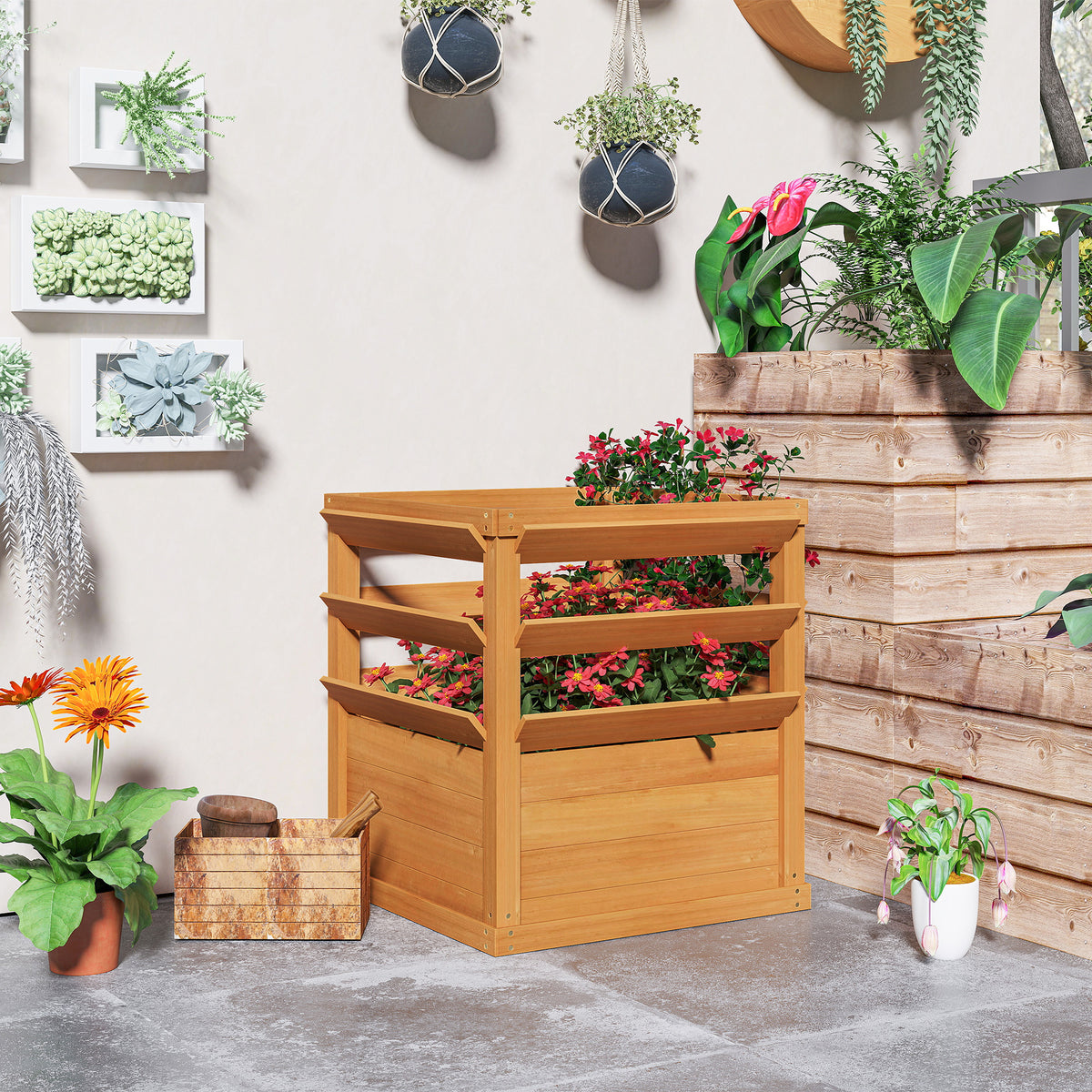 Raised bed planter with trellis, trellis planter flower box wood 65 x 65 x 60 cm caramel brown