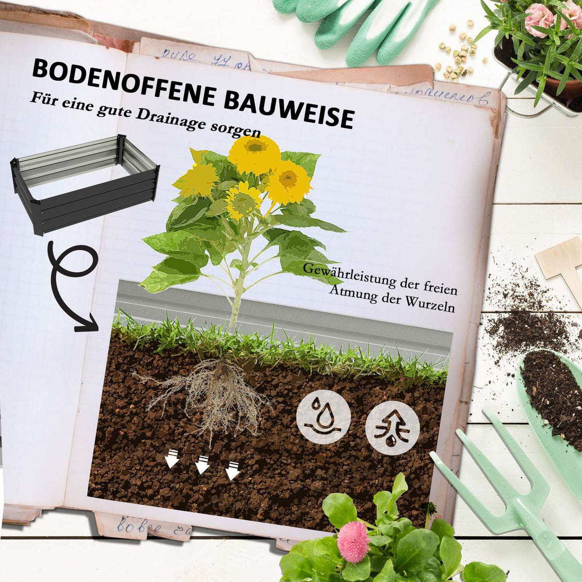 Raised bed set of 2, plant box, flower box, rustproof plant pot, flower pot for terrace, balcony, galvanized steel, dark gray, 100 x 60 x 30 cm |