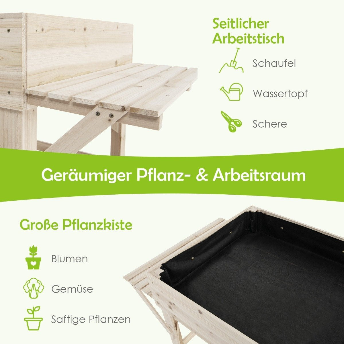 Raised bed with 2 side shelves plant pot wooden plant box flower bed herb bed plant trough natural