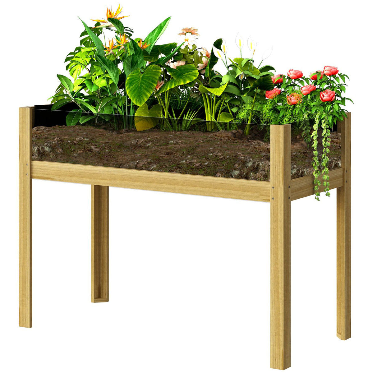 Raised bed with acrylic panels, raised herb bed with drainage holes, wooden plant box, weatherproof vegetable bed, garden bed, plant bed for garden, balcony, 110 x 50 x 80 cm natural wood