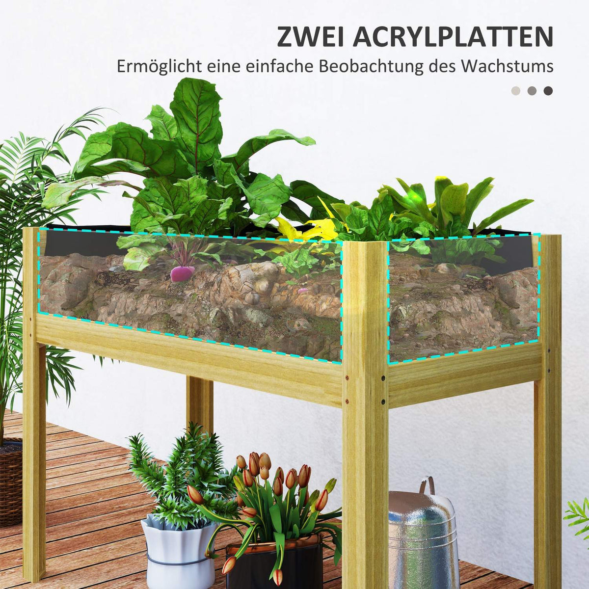 Raised bed with acrylic panels, raised herb bed with drainage holes, wooden plant box, weatherproof vegetable bed, garden bed, plant bed for garden, balcony, 110 x 50 x 80 cm natural wood