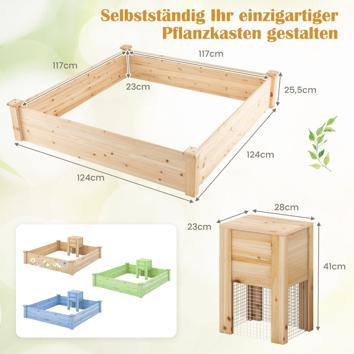 Raised bed with compost bin wooden garden bed 300 L capacity plant box 124 x 124 x 25.5 cm