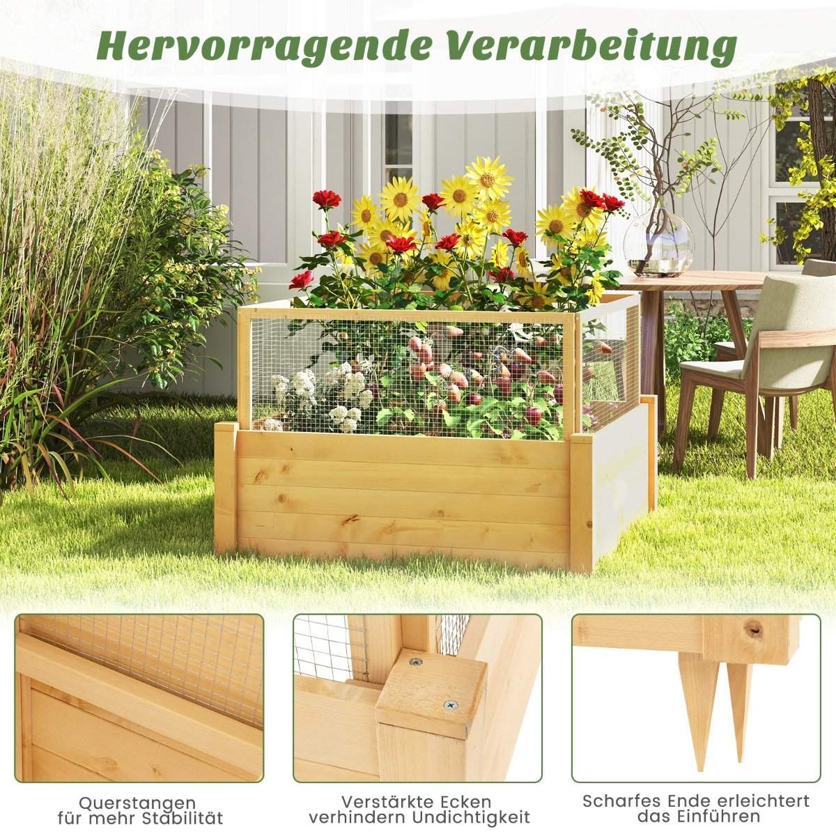Raised bed with fence wooden planter box with 4-sided protective fence & planting grid 107 x 107 x 70 cm