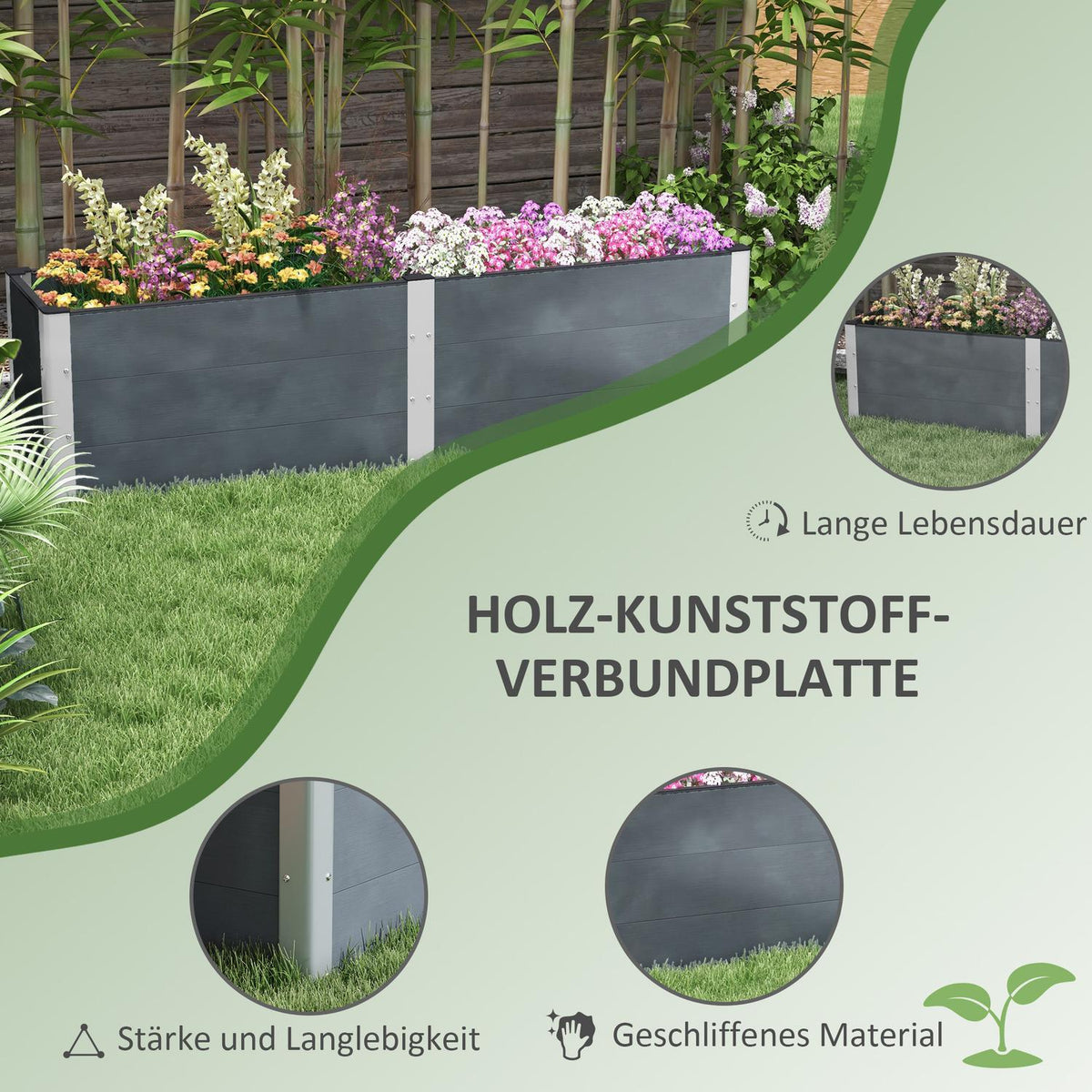 Raised bed with open bottom, gray flower & plant box, vegetable & herb bed 200x50x56cm for garden & balcony
