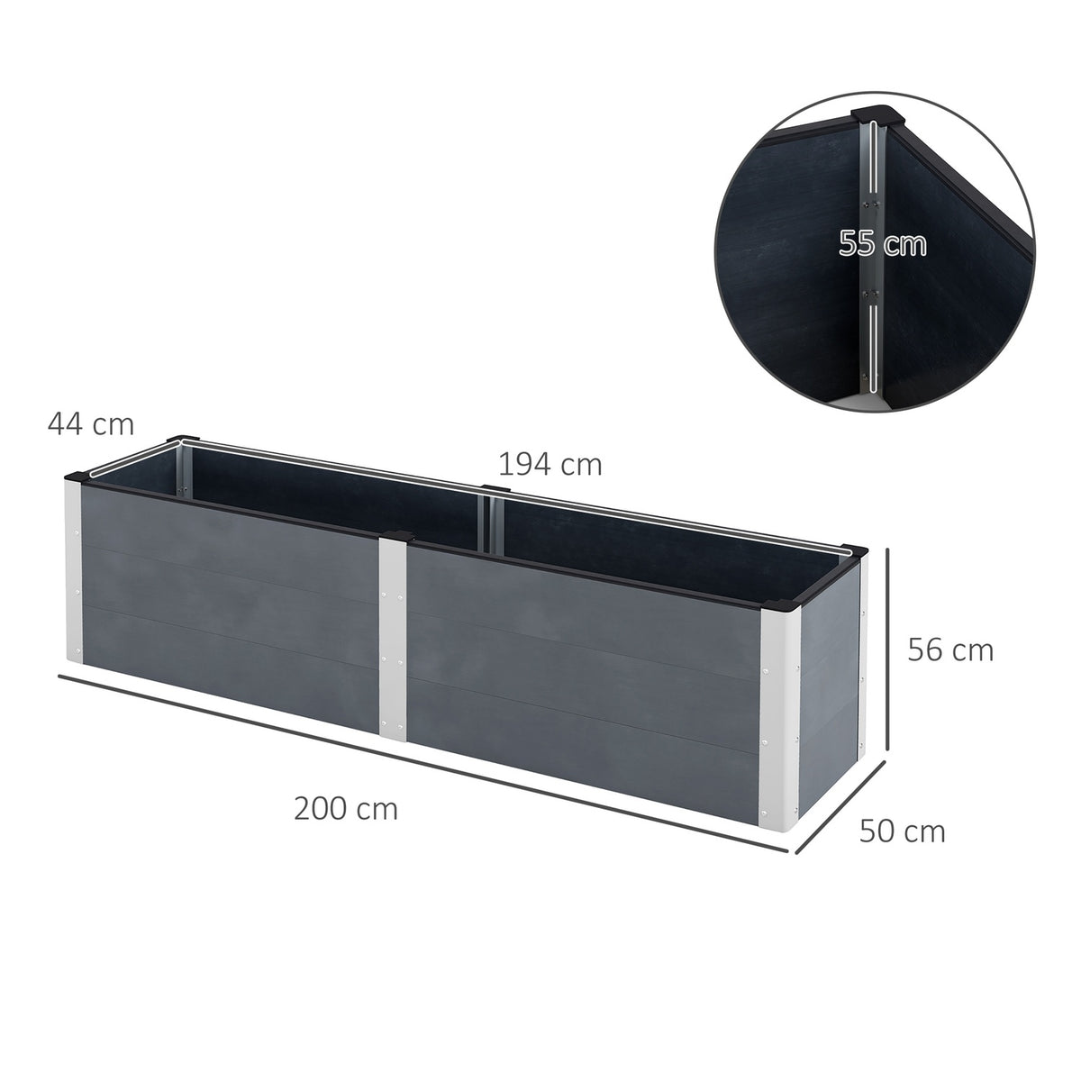 Raised bed with open bottom, gray flower & plant box, vegetable & herb bed 200x50x56cm for garden & balcony