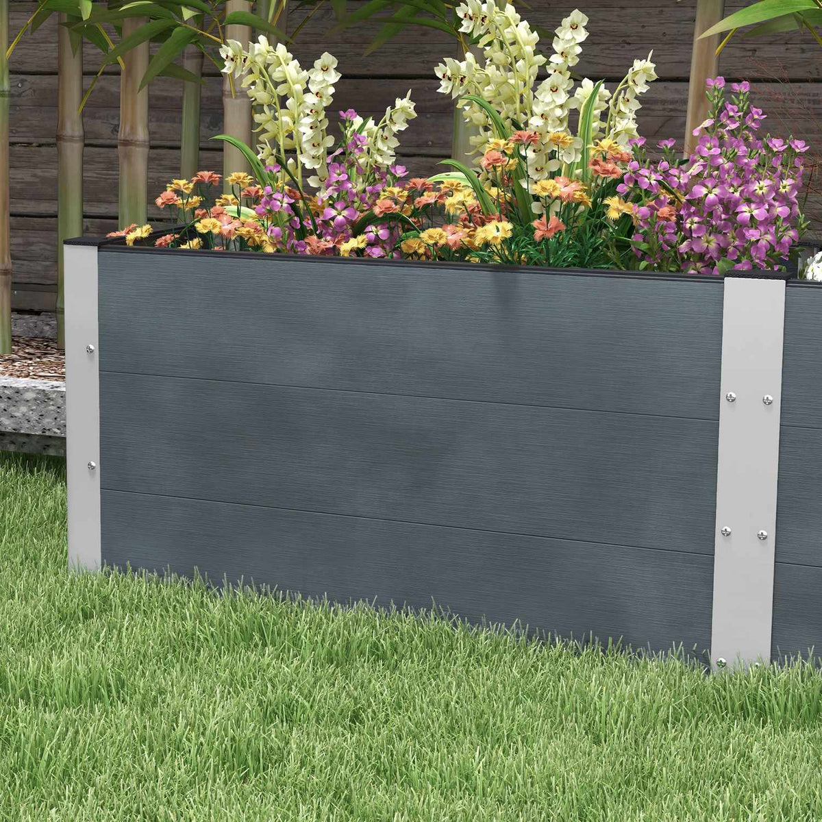 Raised bed with open bottom, gray flower & plant box, vegetable & herb bed 200x50x56cm for garden & balcony