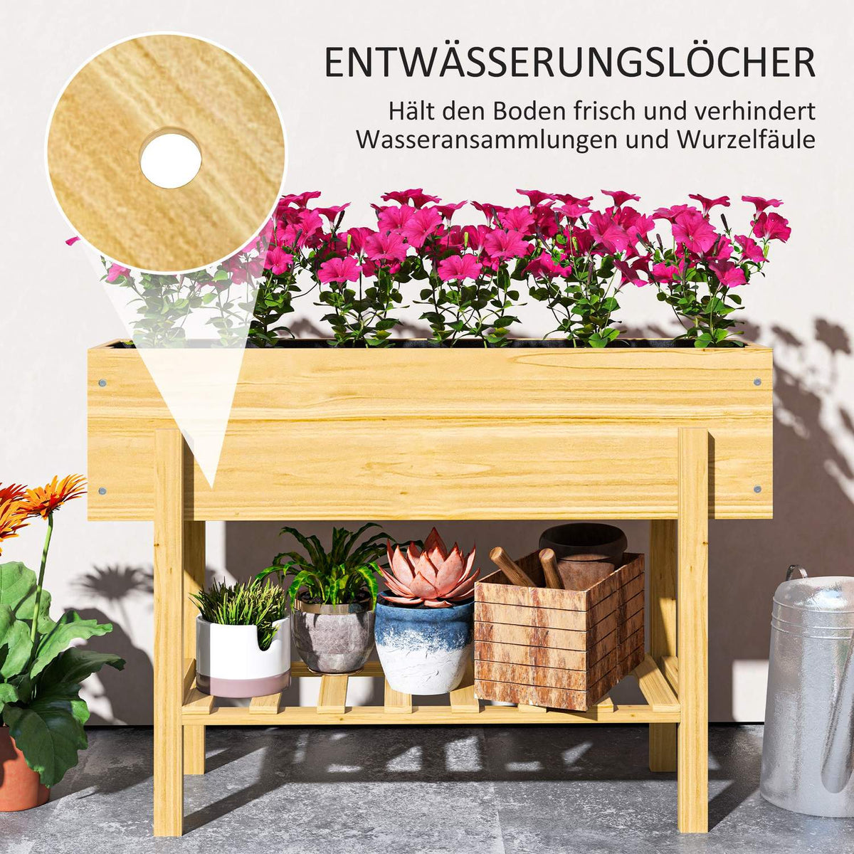 Raised bed with shelf, raised herb bed with drainage holes, wooden plant box, weatherproof vegetable bed, garden bed, plant bed for garden, balcony, 100 x 30 x 70.5 cm natural wood