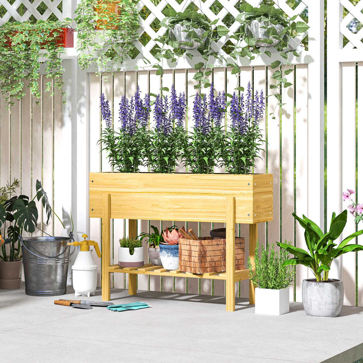 Raised bed with shelf, raised herb bed with drainage holes, wooden plant box, weatherproof vegetable bed, garden bed, plant bed for garden, balcony, 100 x 30 x 70.5 cm natural wood