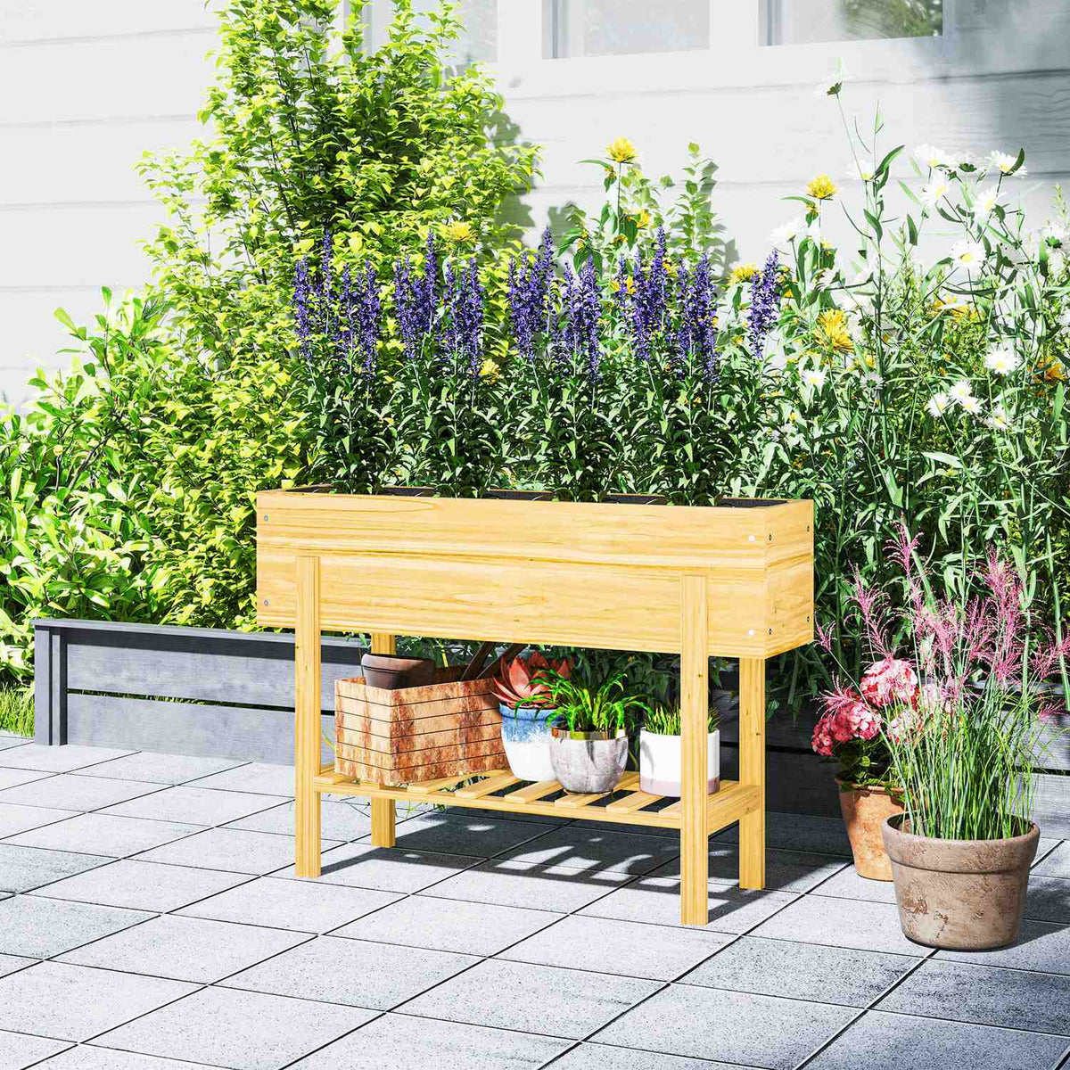 Raised bed with shelf, raised herb bed with drainage holes, wooden plant box, weatherproof vegetable bed, garden bed, plant bed for garden, balcony, 100 x 30 x 70.5 cm natural wood