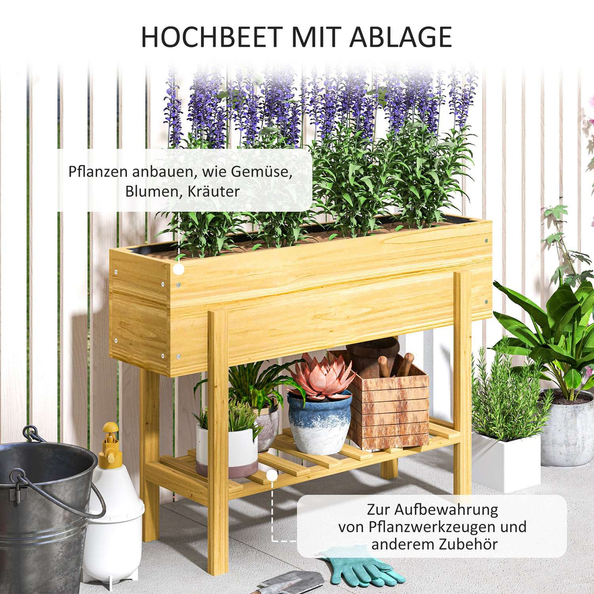 Raised bed with shelf, raised herb bed with drainage holes, wooden plant box, weatherproof vegetable bed, garden bed, plant bed for garden, balcony, 100 x 30 x 70.5 cm natural wood