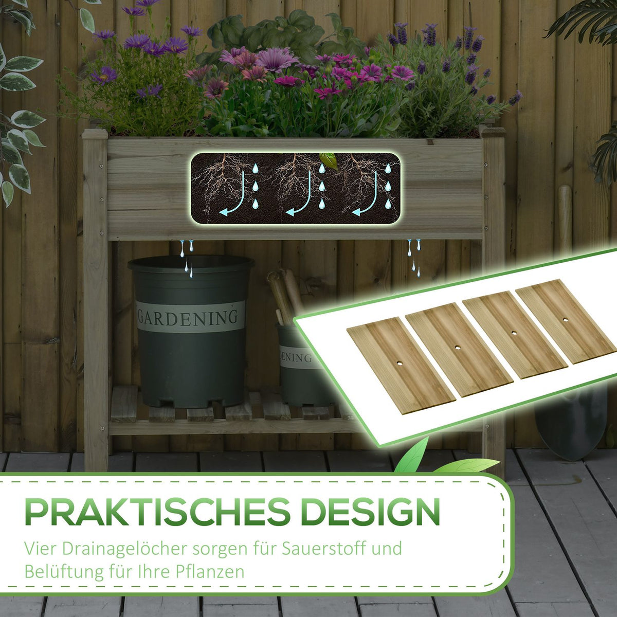 Raised bed with shelf, raised herb bed with drainage holes, wooden plant box, weatherproof vegetable bed, garden bed, plant bed for garden, balcony, terrace, 91 x 51 x 76 cm, green
