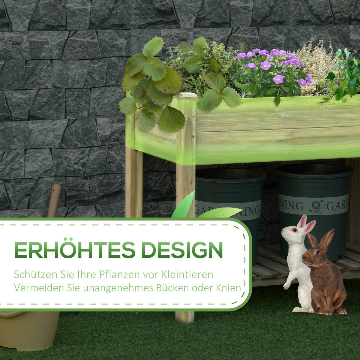 Raised bed with shelf, raised herb bed with drainage holes, wooden plant box, weatherproof vegetable bed, garden bed, plant bed for garden, balcony, terrace, 91 x 51 x 76 cm, green