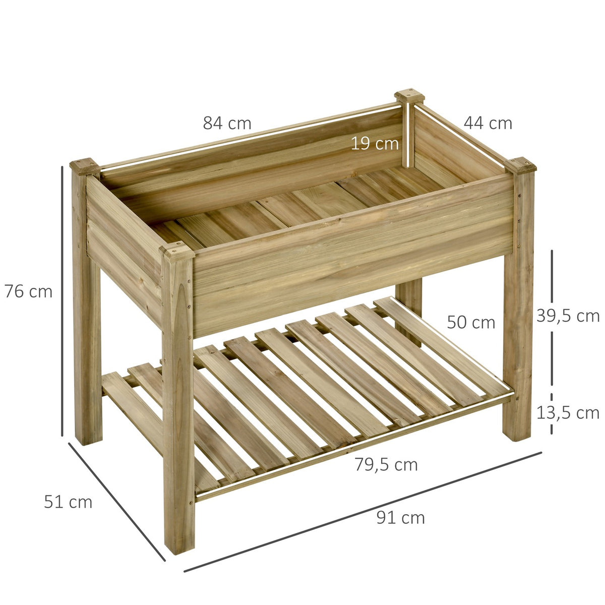 Raised bed with shelf, raised herb bed with drainage holes, wooden plant box, weatherproof vegetable bed, garden bed, plant bed for garden, balcony, terrace, 91 x 51 x 76 cm, green