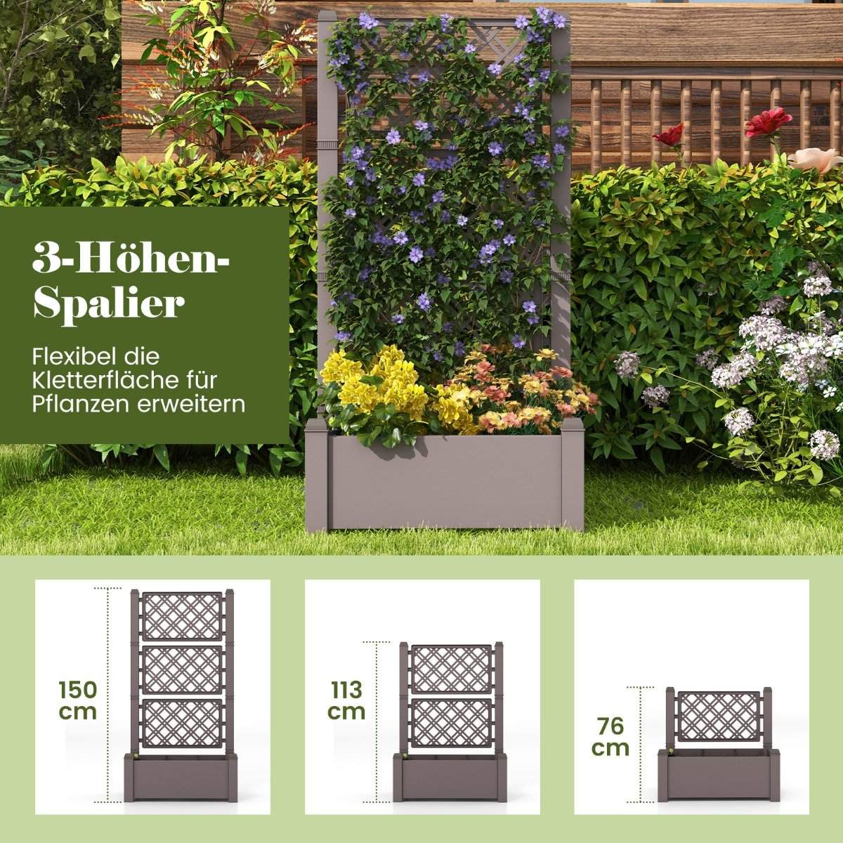 Raised bed with trellis, 3 levels height adjustable, flower box with trellis 76 x 45 x 150 cm coffee