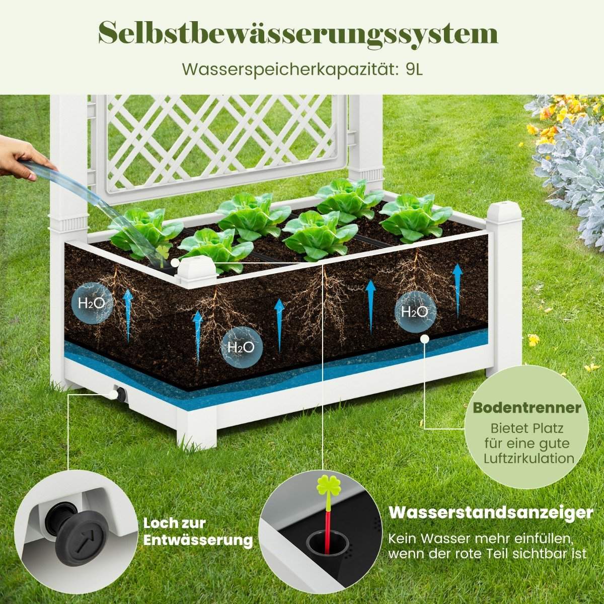 Raised bed with trellis, 3 levels height adjustable, flower box with trellis 76 x 45 x 150 cm white