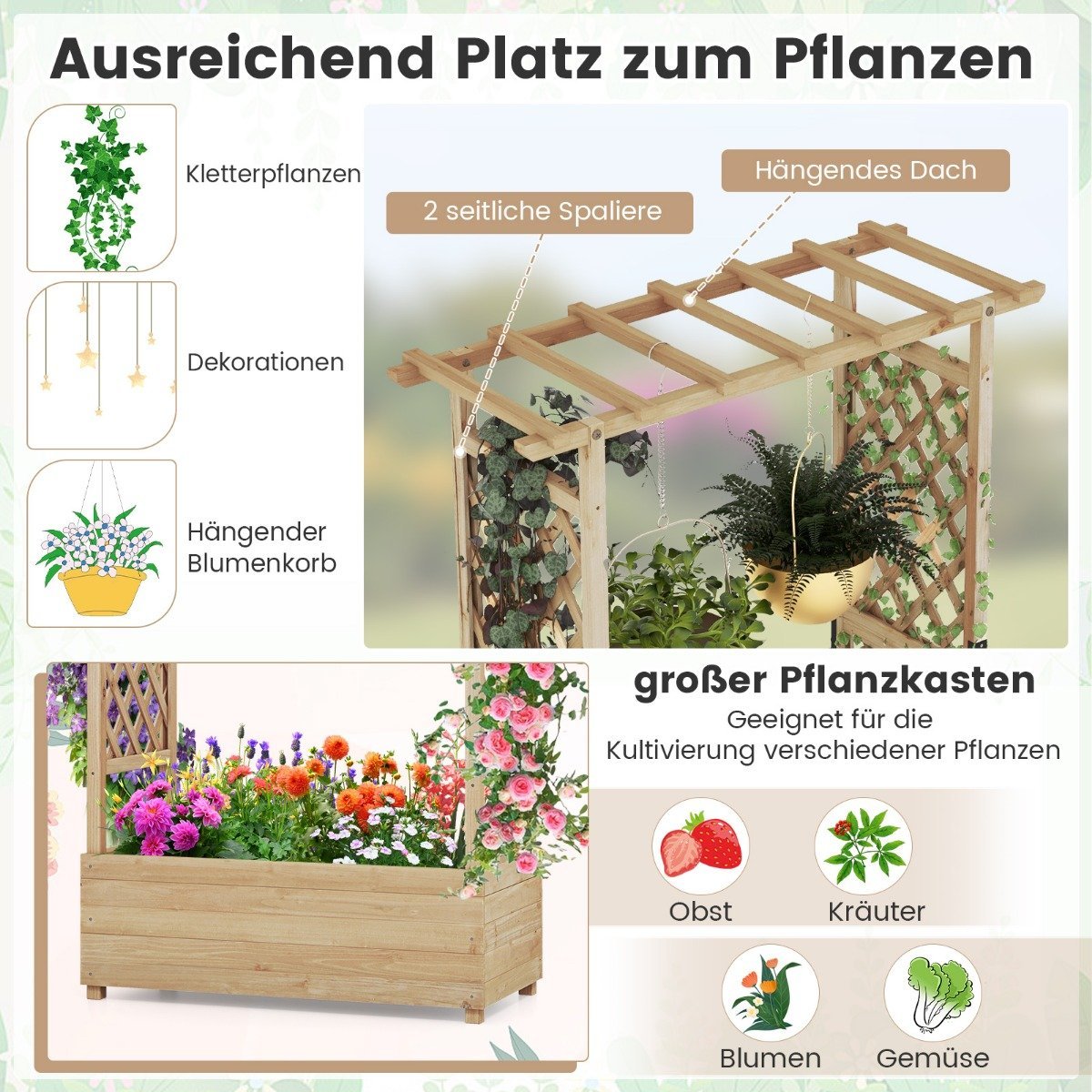 Raised bed with trellis and hanging roof, planter with trellis 110 x 44 x 182 cm natural