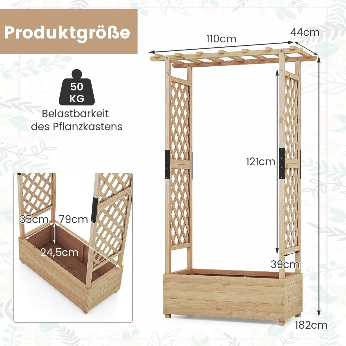 Raised bed with trellis and hanging roof, planter with trellis 110 x 44 x 182 cm natural