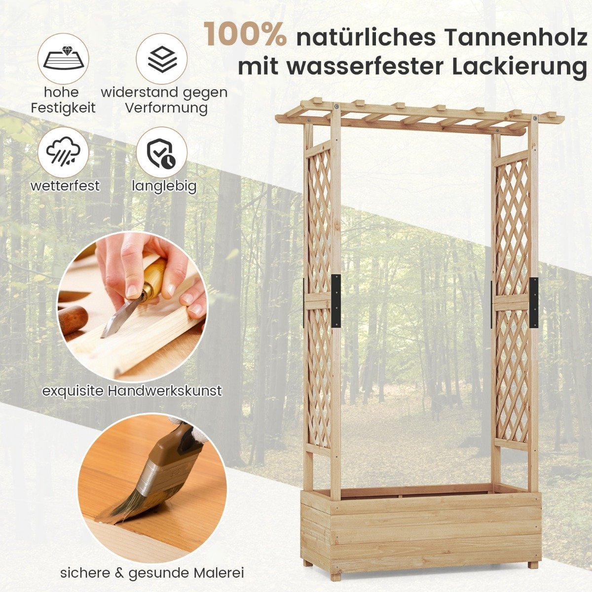 Raised bed with trellis and hanging roof, planter with trellis 110 x 44 x 182 cm natural