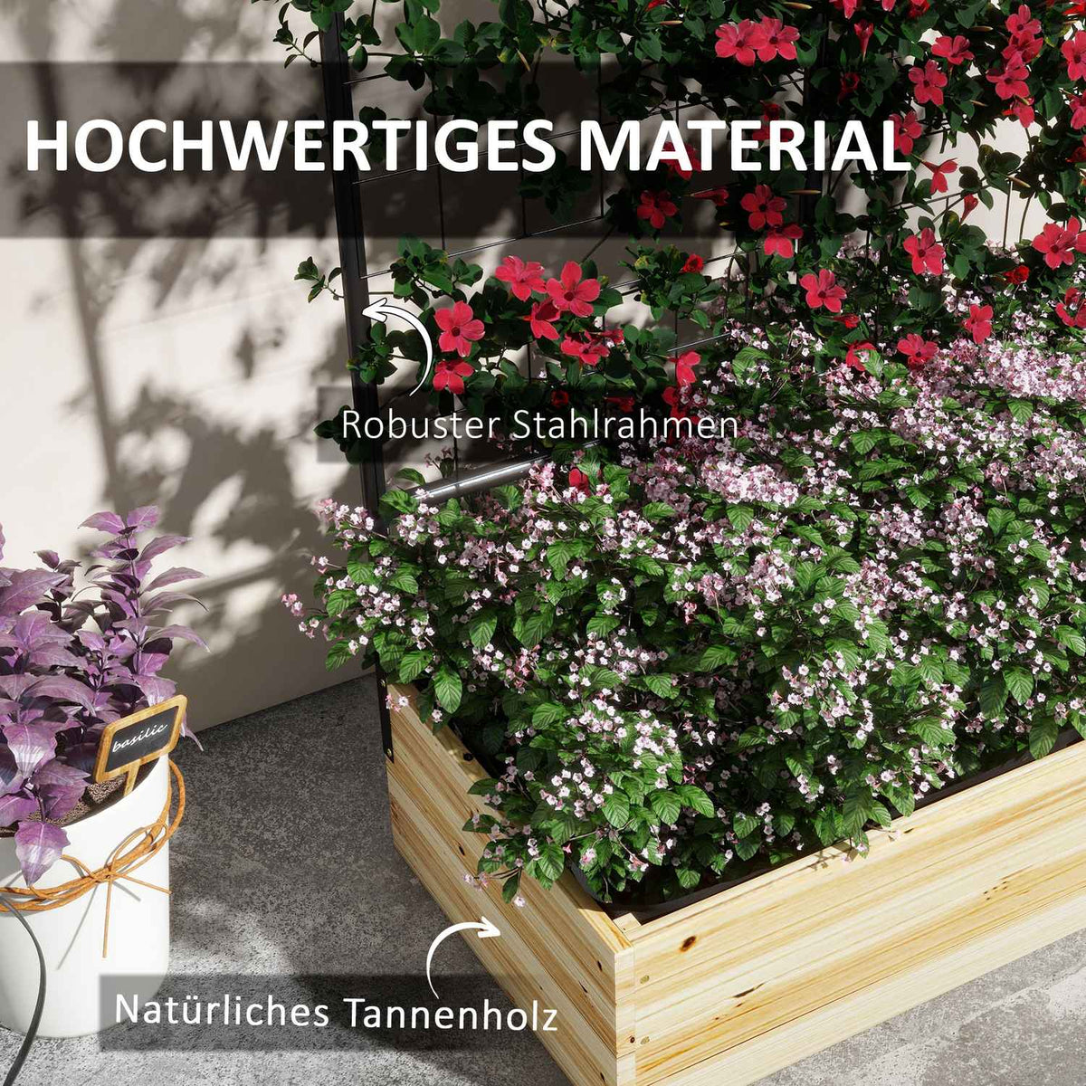 Raised bed with trellis, wooden planter box, herb bed, flower box for garden, balcony, natural wood, 80 x 38 x 145 cm