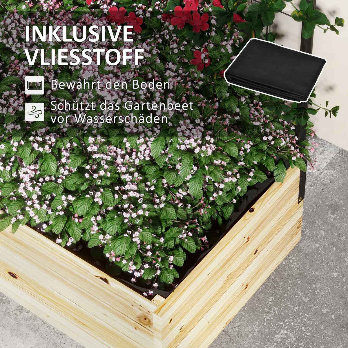 Raised bed with trellis, wooden planter box, herb bed, flower box for garden, balcony, natural wood, 80 x 38 x 145 cm