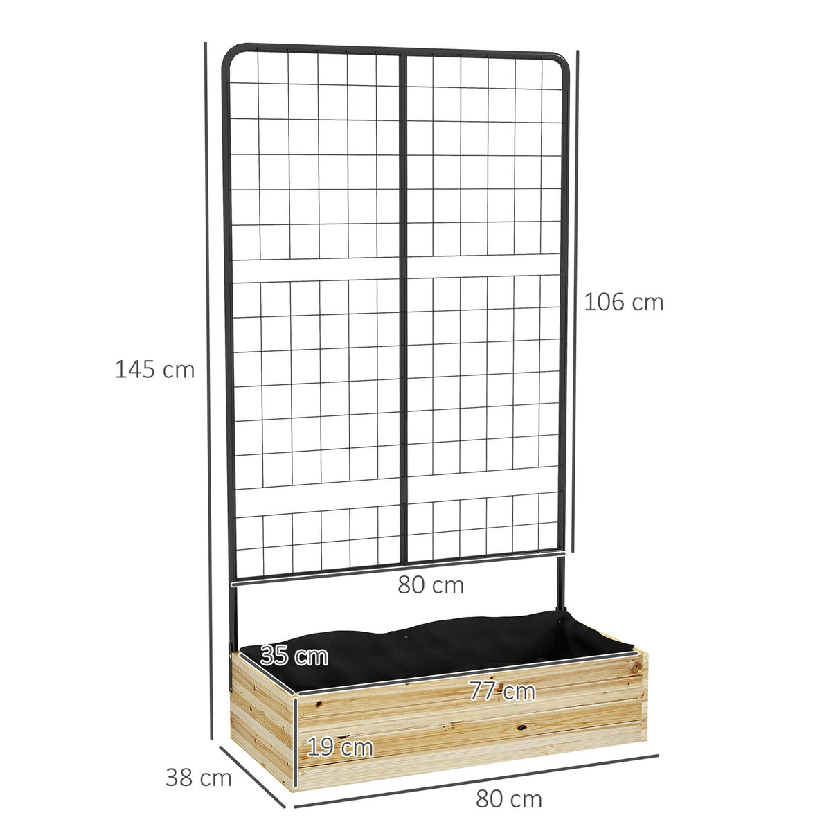 Raised bed with trellis, wooden planter box, herb bed, flower box for garden, balcony, natural wood, 80 x 38 x 145 cm