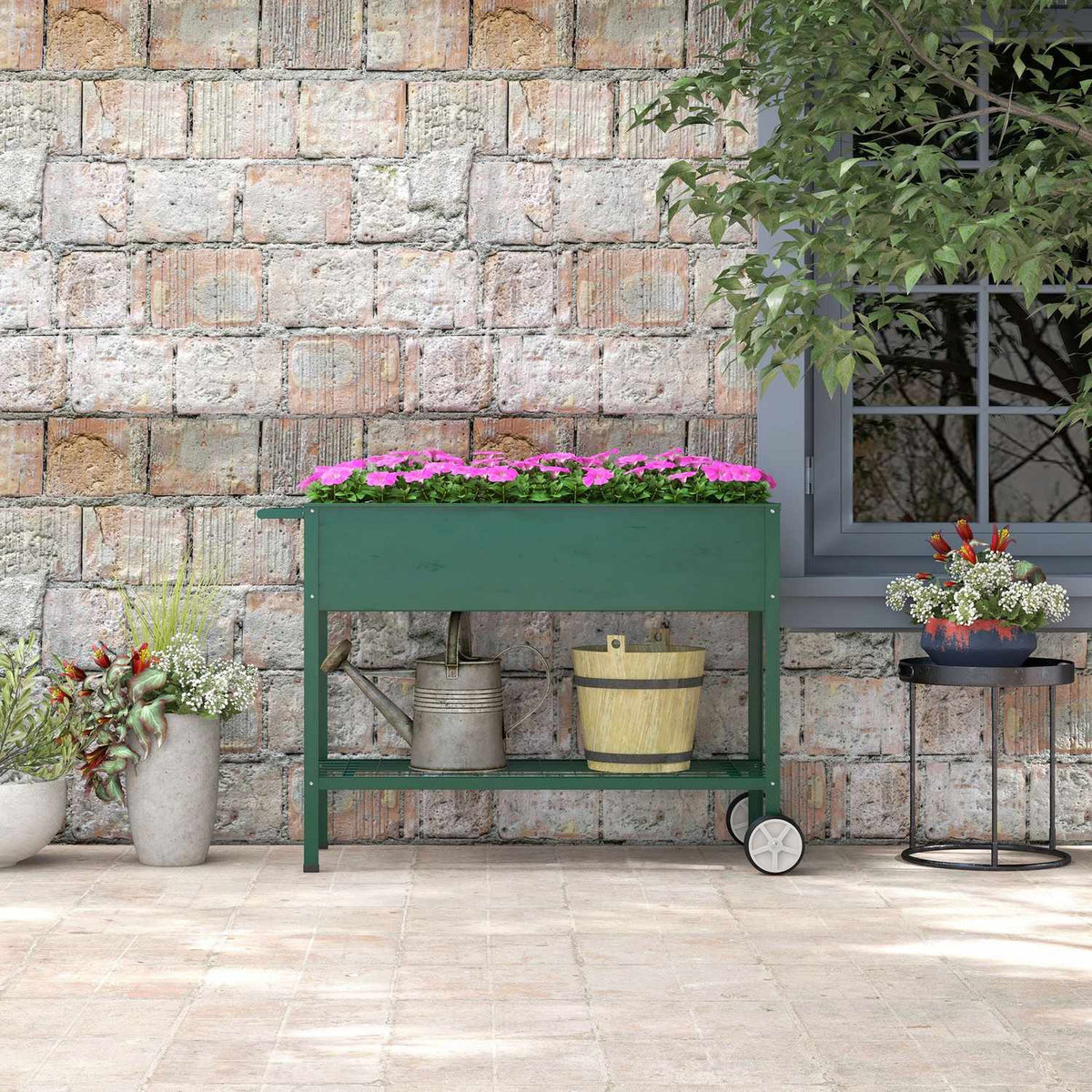Raised bed with wheels, shelf, herb bed, plant bed, metal for garden, balcony, green, 109 x 44 x 80 cm