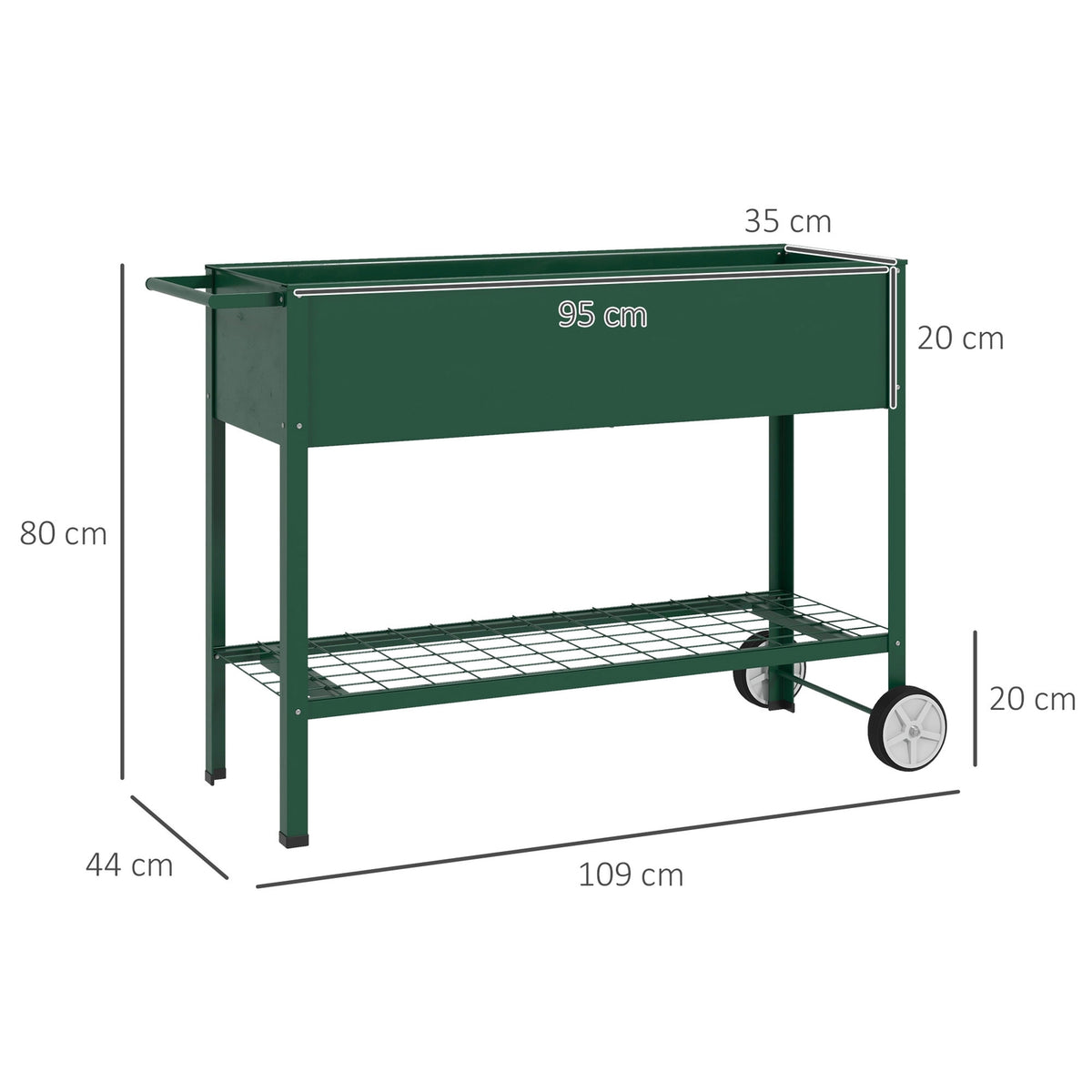 Raised bed with wheels, shelf, herb bed, plant bed, metal for garden, balcony, green, 109 x 44 x 80 cm