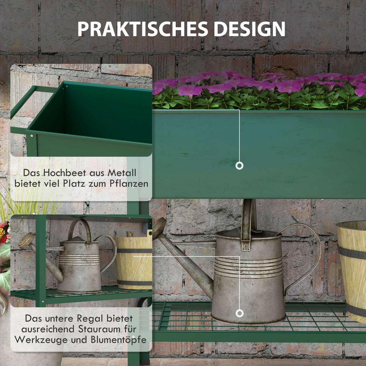 Raised bed with wheels, shelf, herb bed, plant bed, metal for garden, balcony, green, 109 x 44 x 80 cm