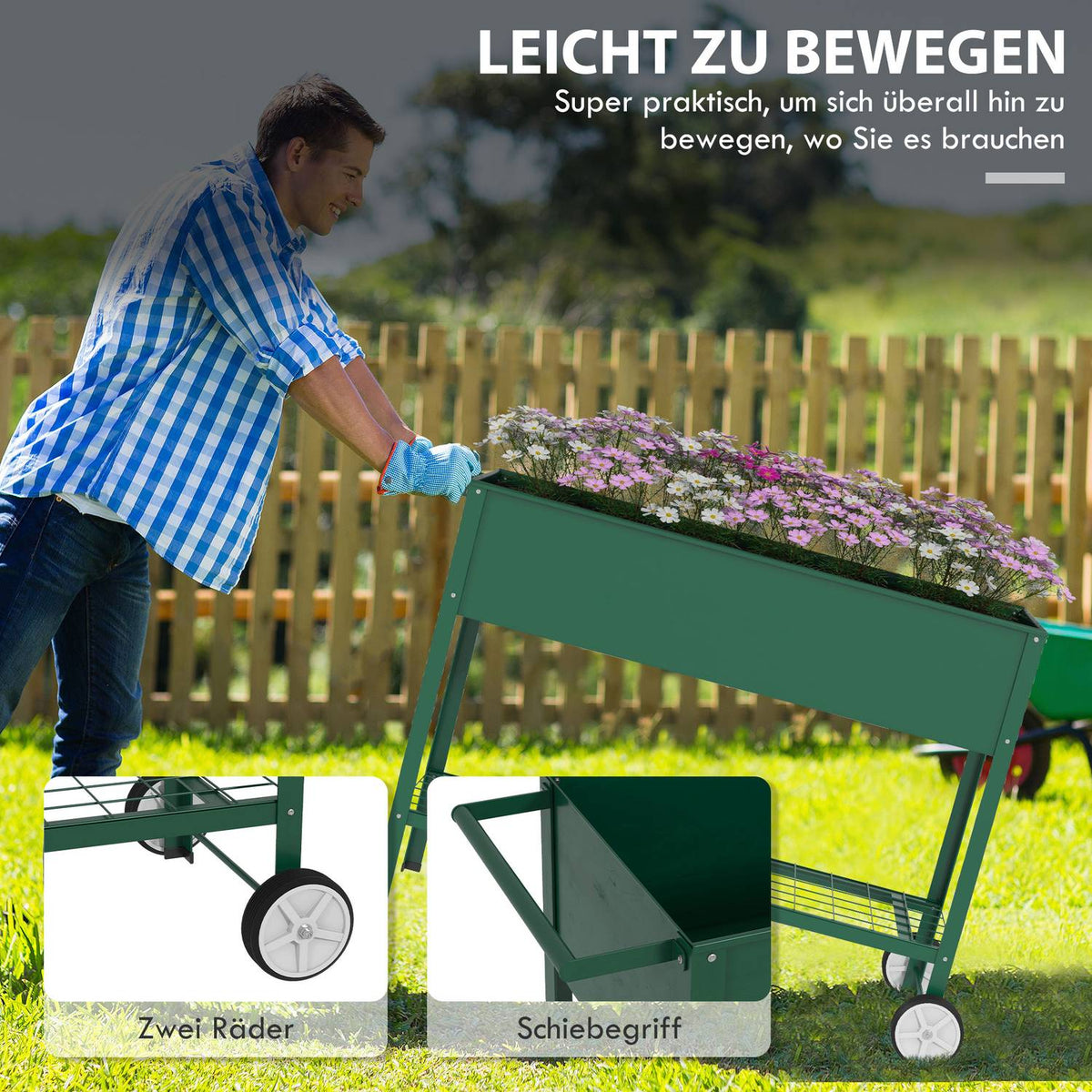 Raised bed with wheels, shelf, herb bed, plant bed, metal for garden, balcony, green, 109 x 44 x 80 cm