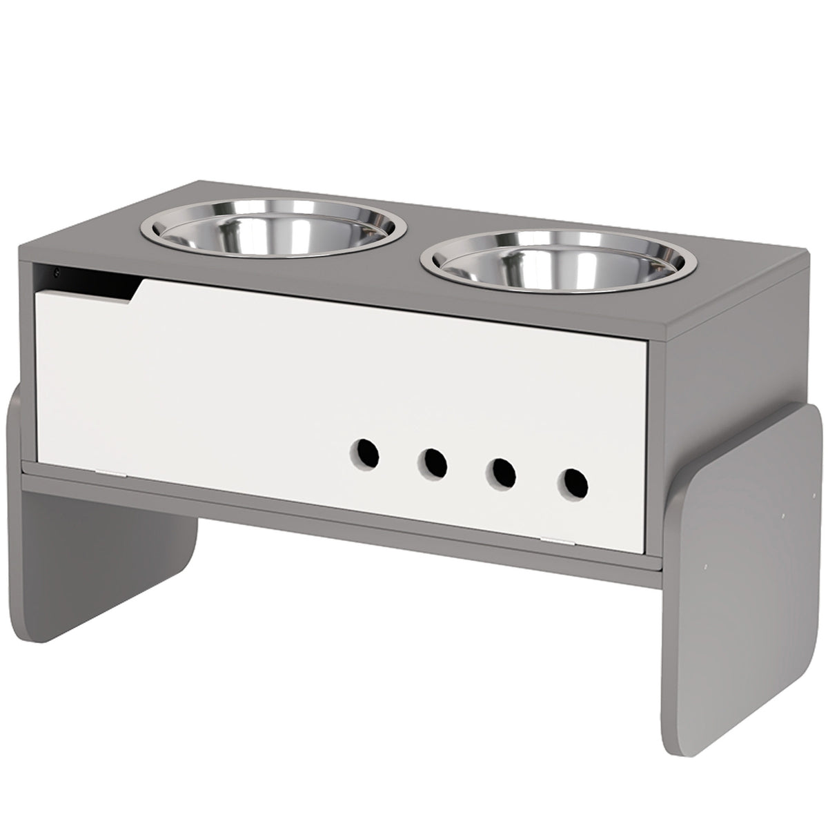 Raised dog bowl, 3 levels of height-adjustable food bowl for dogs with storage space, anti-sling mat, feeding bowl with 2 x 2L stainless steel bowls, for medium to extra large dogs, gray