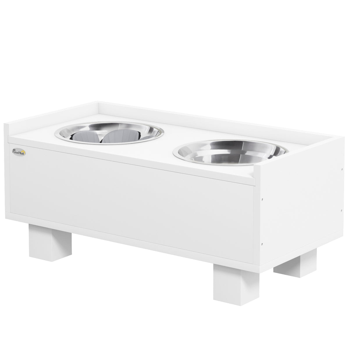 Raised dog bowl, height-adjustable food bowl for dogs with storage space, 2 x 1L stainless steel bowls, feeding bowl with anti-sling mat, for medium-sized dogs, white