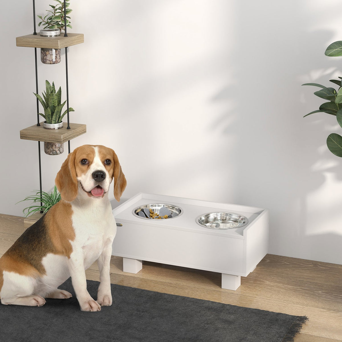 Raised dog bowl, height-adjustable food bowl for dogs with storage space, 2 x 1L stainless steel bowls, feeding bowl with anti-sling mat, for medium-sized dogs, white