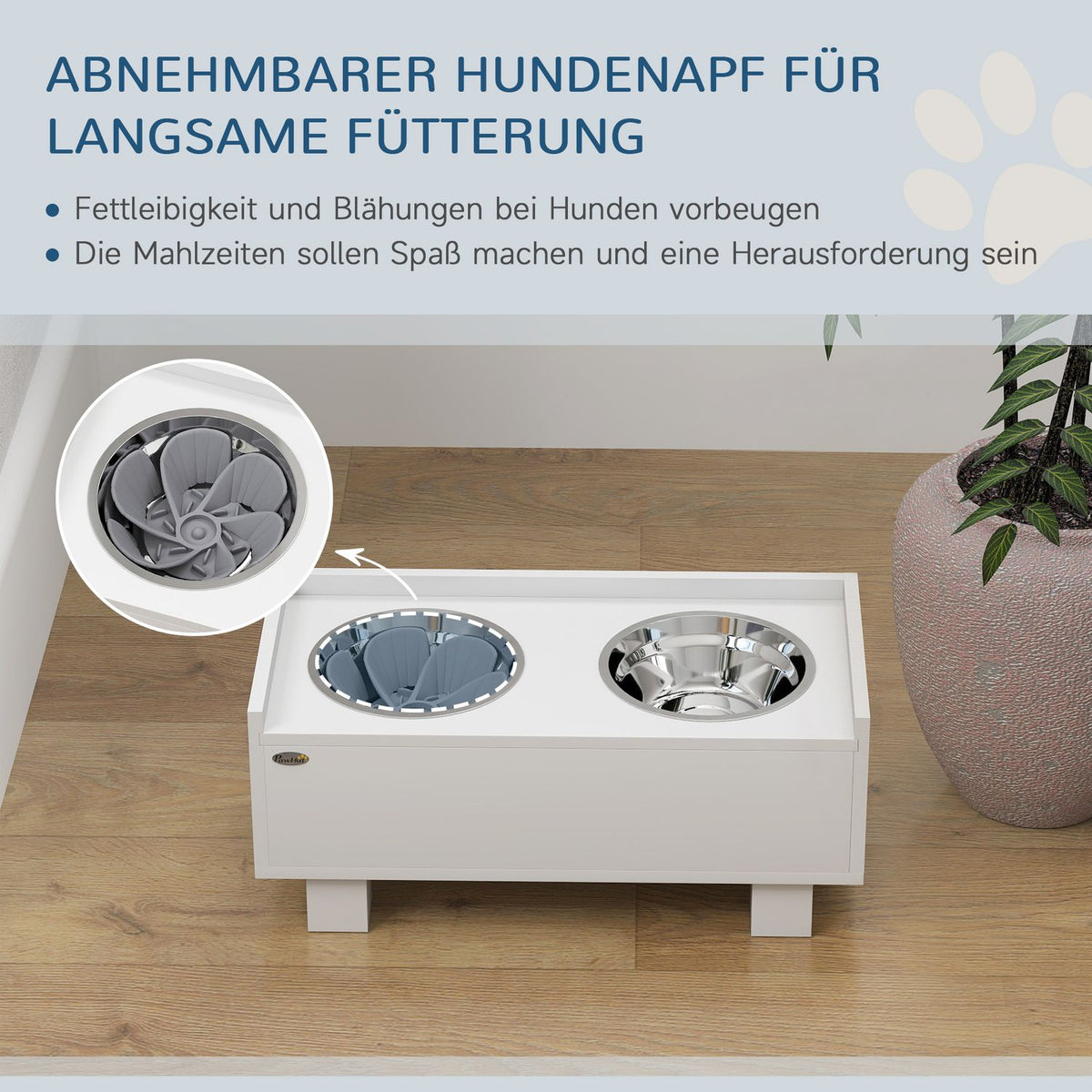 Raised dog bowl, height-adjustable food bowl for dogs with storage space, 2 x 1L stainless steel bowls, feeding bowl with anti-sling mat, for medium-sized dogs, white