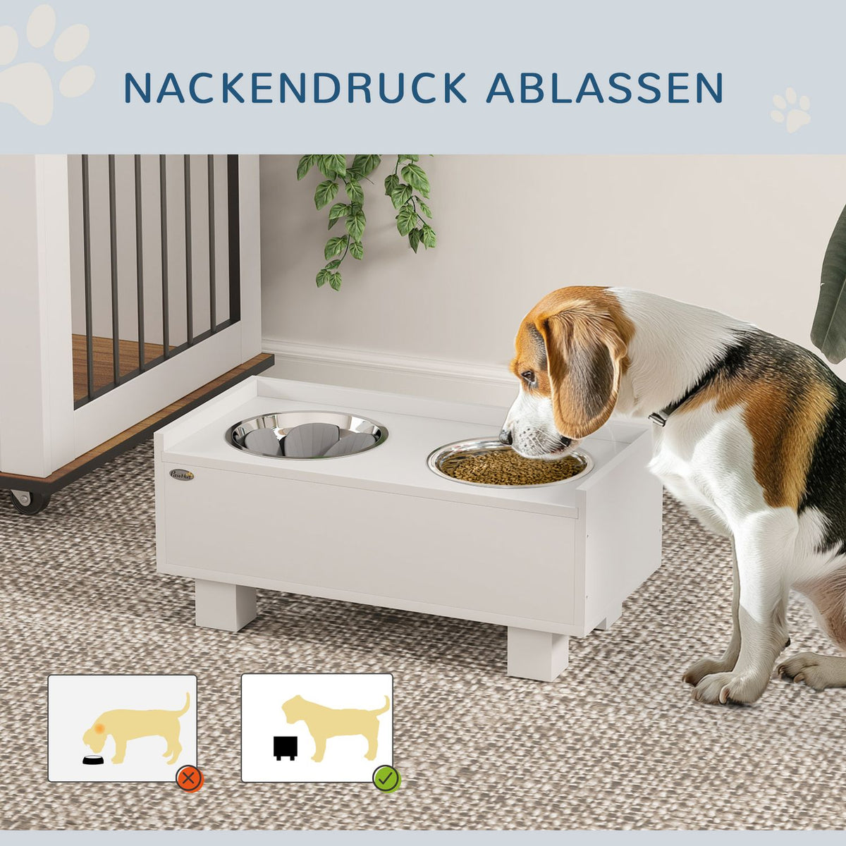 Raised dog bowl, height-adjustable food bowl for dogs with storage space, 2 x 1L stainless steel bowls, feeding bowl with anti-sling mat, for medium-sized dogs, white