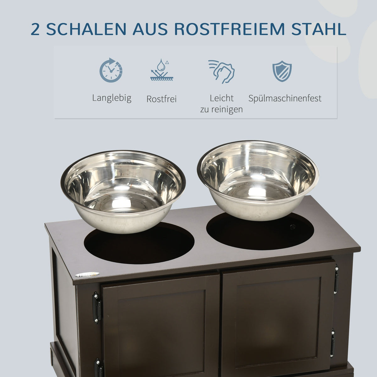 Raised dog bowls with storage space, 2 bowls, for large dogs, water bowl, food bowl, dog bowl stand, 60 cm x 30 cm x 34 cm, coffee