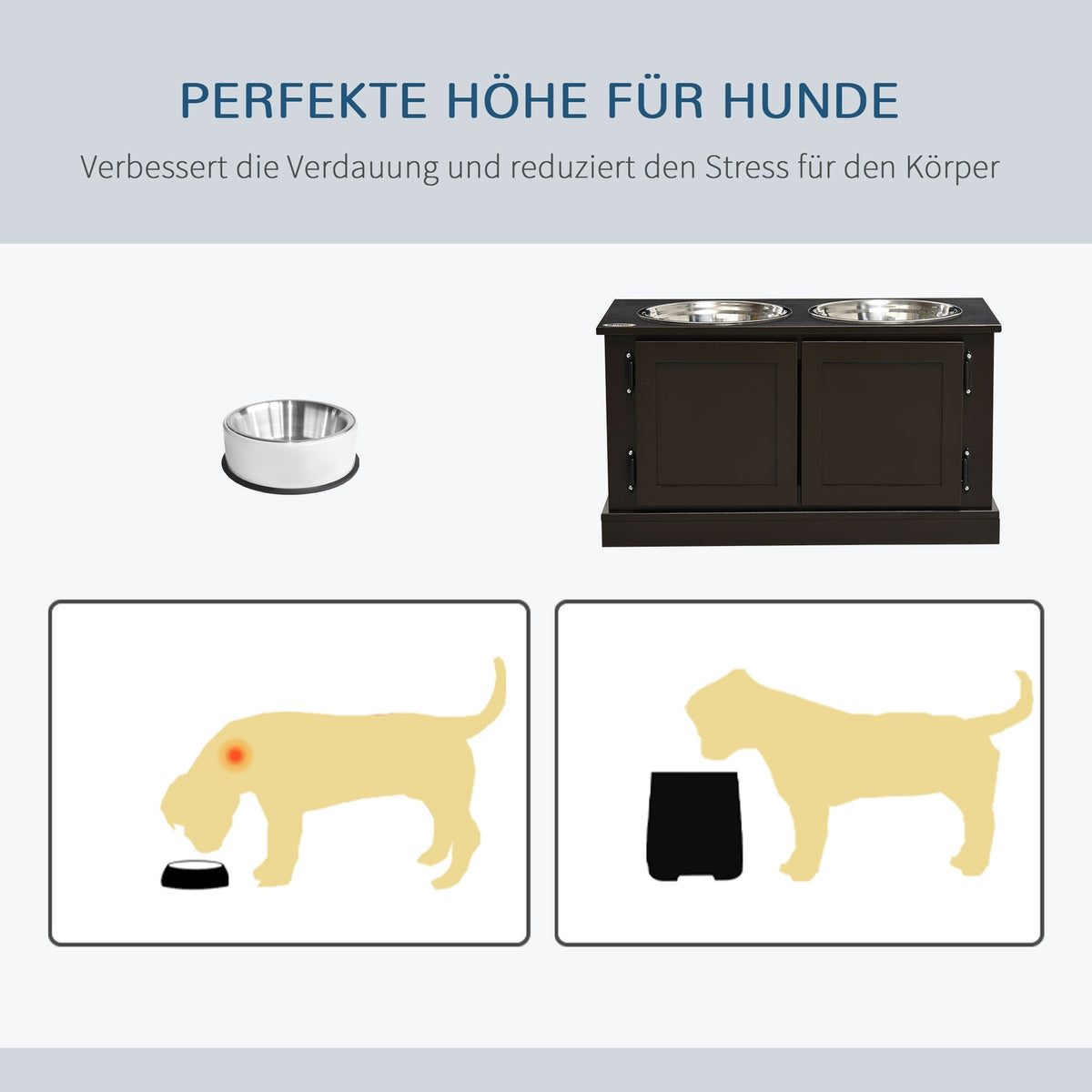 Raised dog bowls with storage space, 2 bowls, for large dogs, water bowl, food bowl, dog bowl stand, 60 cm x 30 cm x 34 cm, coffee