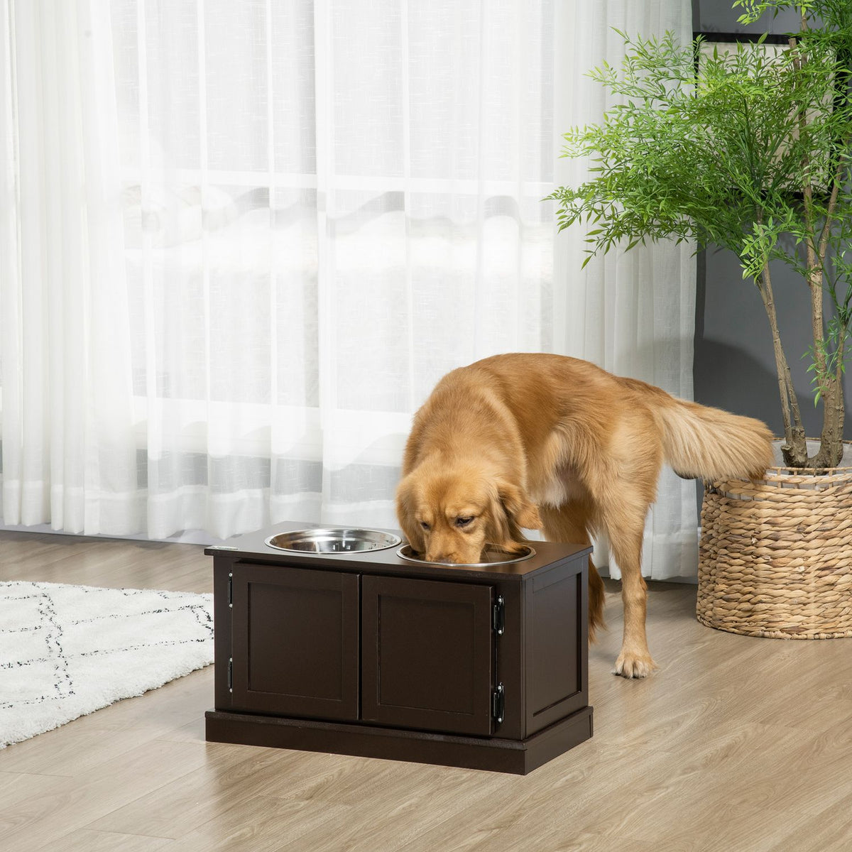 Raised dog bowls with storage space, 2 bowls, for large dogs, water bowl, food bowl, dog bowl stand, 60 cm x 30 cm x 34 cm, coffee