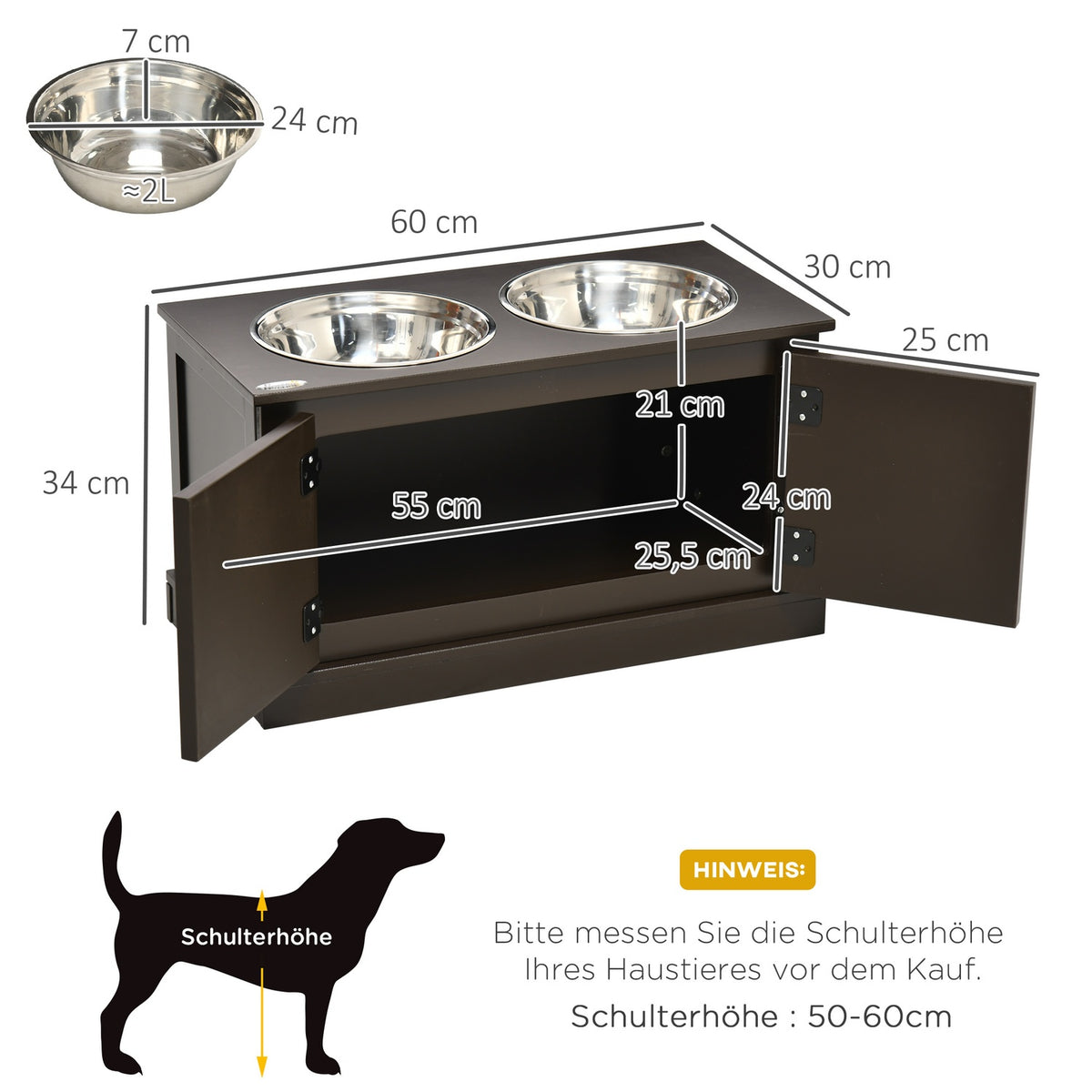 Raised dog bowls with storage space, 2 bowls, for large dogs, water bowl, food bowl, dog bowl stand, 60 cm x 30 cm x 34 cm, coffee