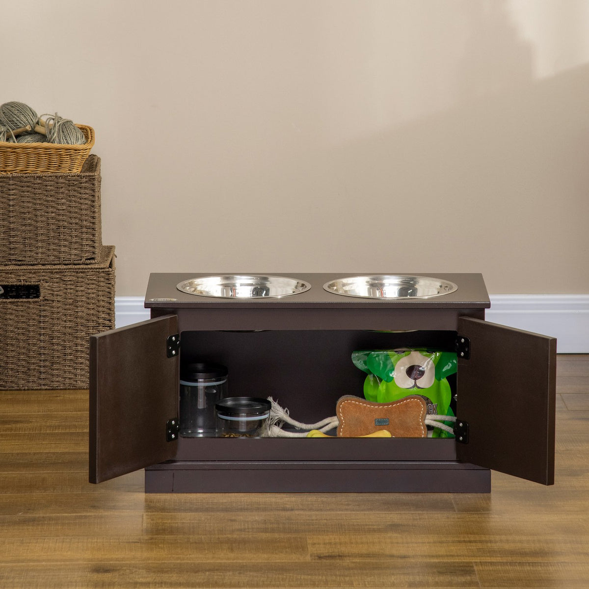 Raised dog bowls with storage space, 2 bowls, for large dogs, water bowl, food bowl, dog bowl stand, 60 cm x 30 cm x 34 cm, coffee