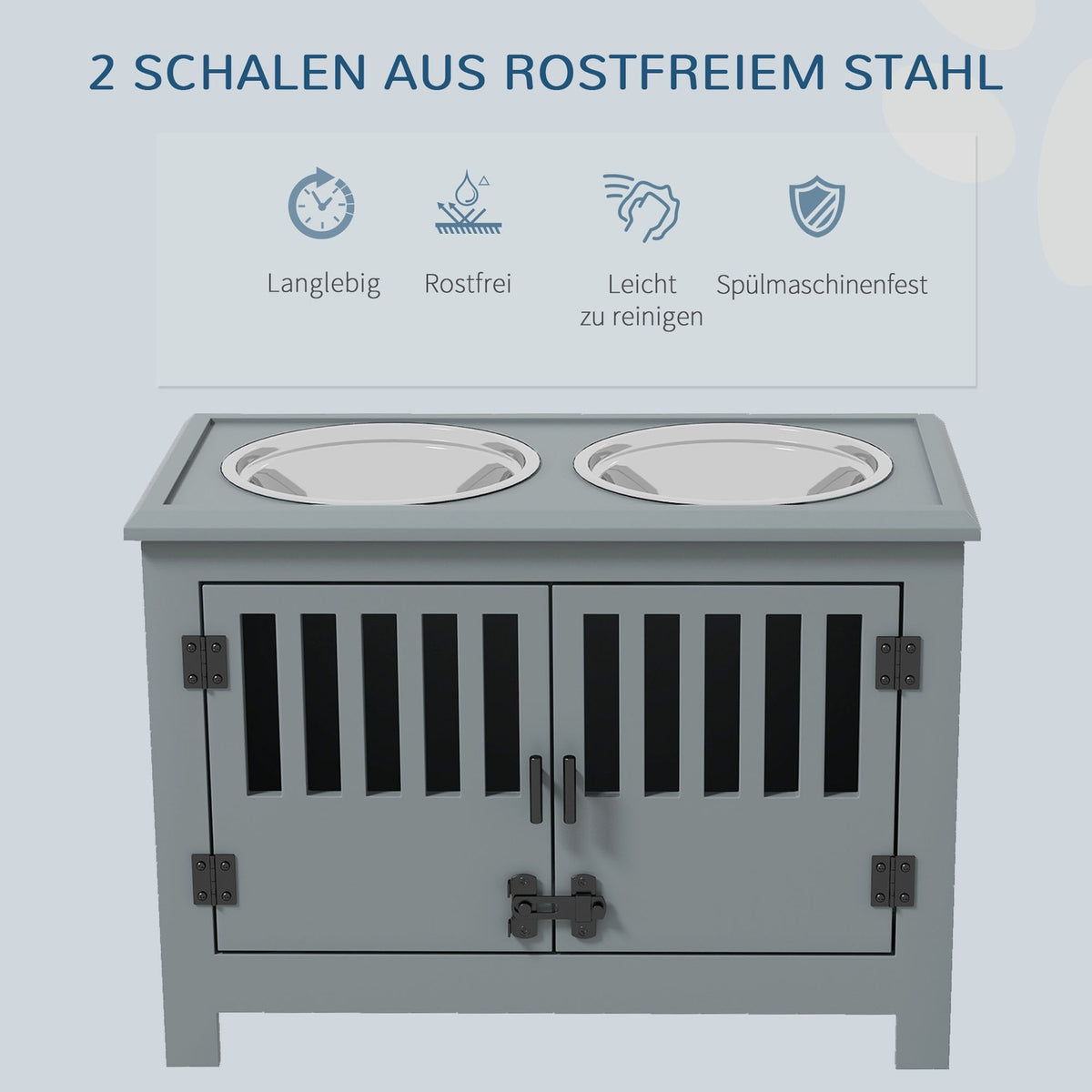 Raised feeding station for large dogs, 2 stainless steel bowls, storage space, 35.5x60x30 cm, grey