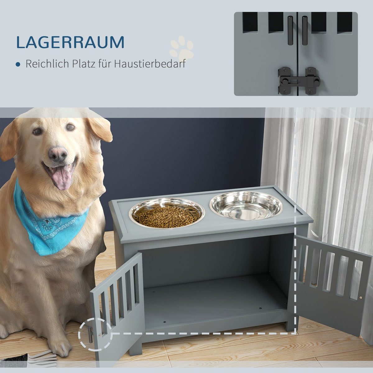 Raised feeding station for large dogs, 2 stainless steel bowls, storage space, 35.5x60x30 cm, grey