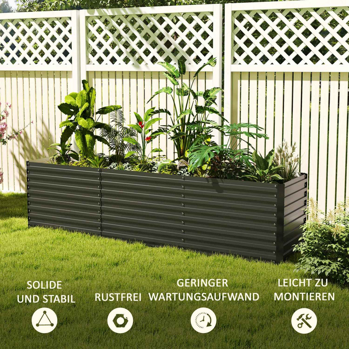 Raised flower bed, weather-resistant, plant bed, cold frame, garden bed, plant pot, plant box made of galvanized steel, flower box for terrace and garden, 240 x 60 x 60 cm