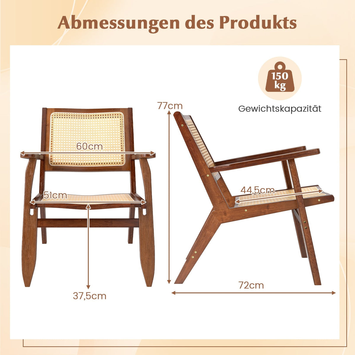 Rattan Accent Chair, Ergonomic Back & Armrests, Bamboo Frame
