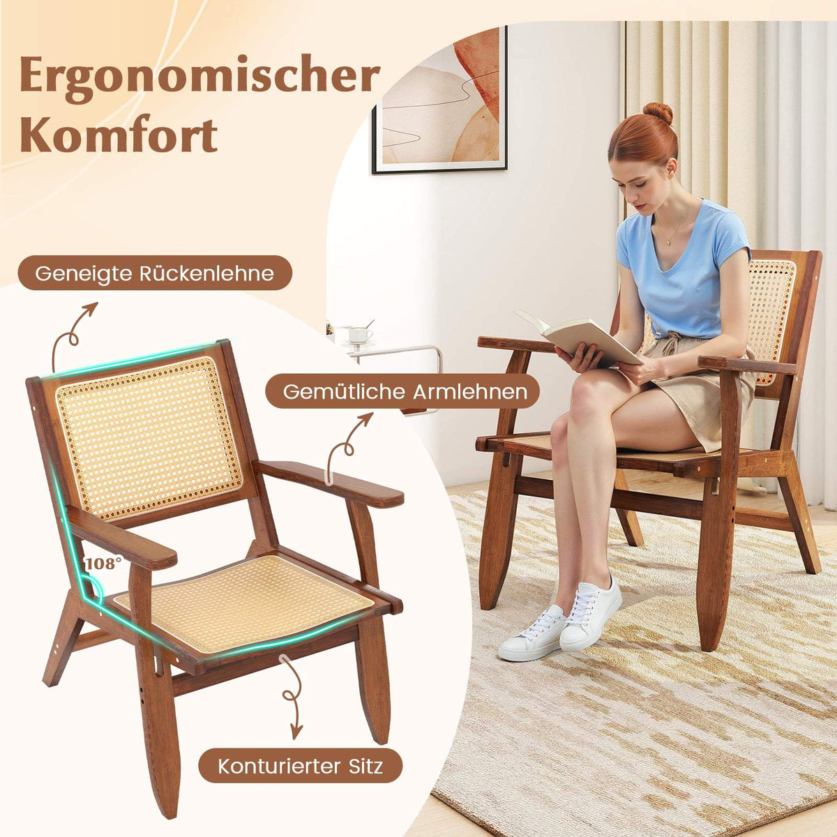 Rattan Accent Chair, Ergonomic Back & Armrests, Bamboo Frame