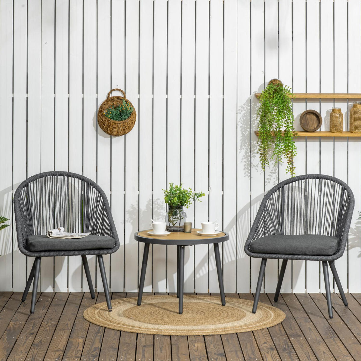 Rattan Balcony Furniture For 2 People Garden Seating Group With Cushions Adjustable Feet Aluminum Dark Gray